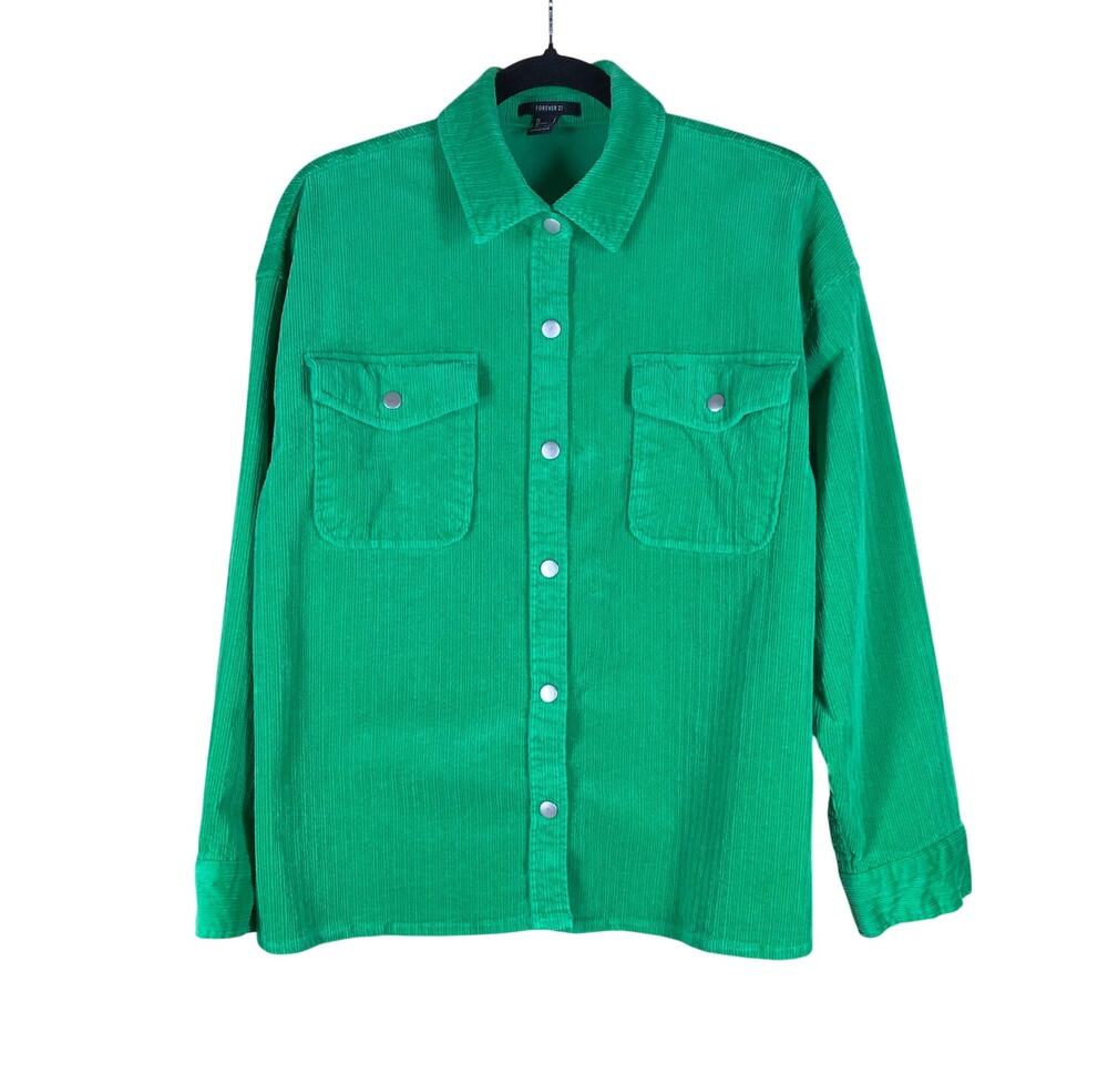 Forever 21 Shirt Women’s Small Green Striped Button Down Short Sleeve Casual